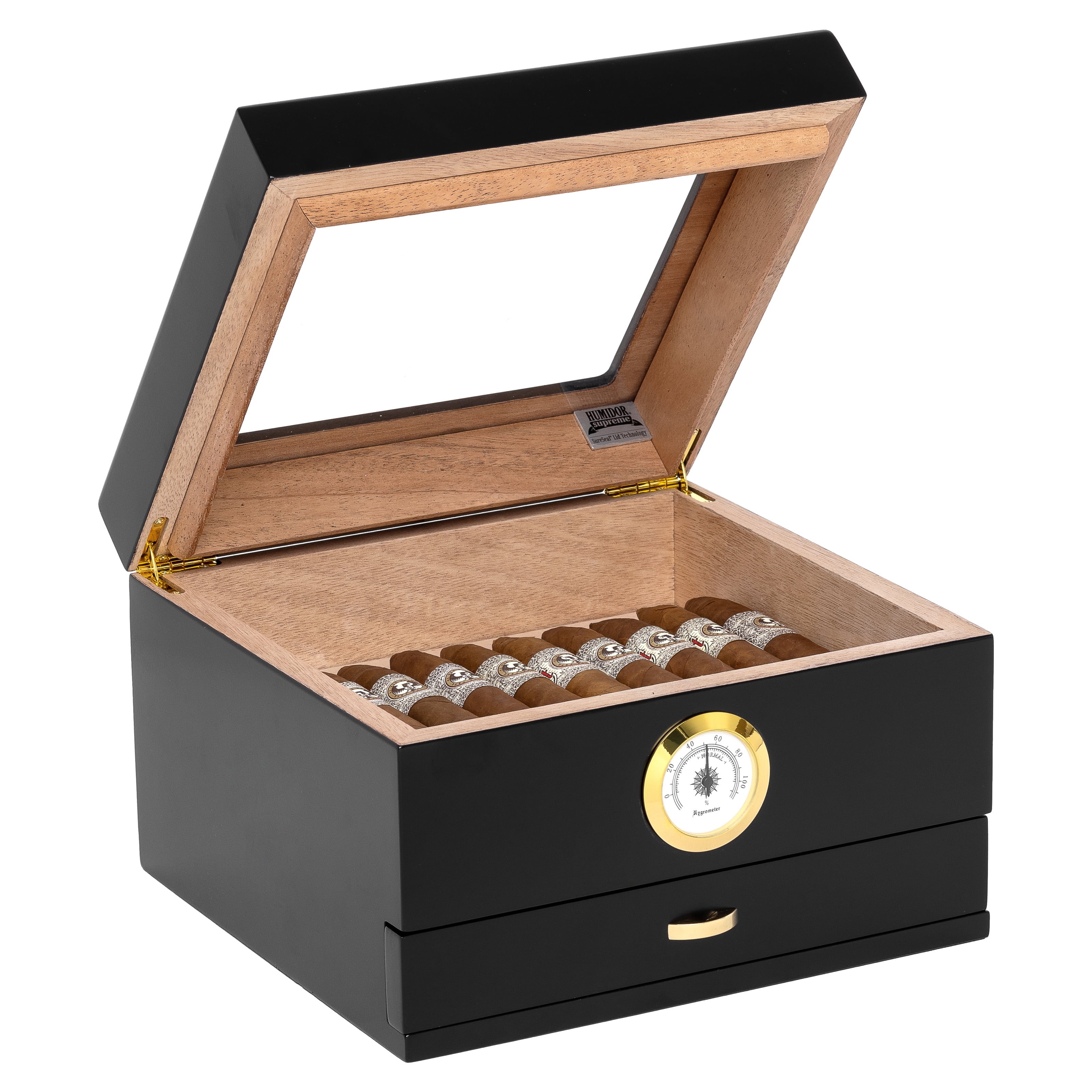 Humidor Supreme Mini Capri Glasstop with Drawer, Black, Hygrometer, 25-48 cigar