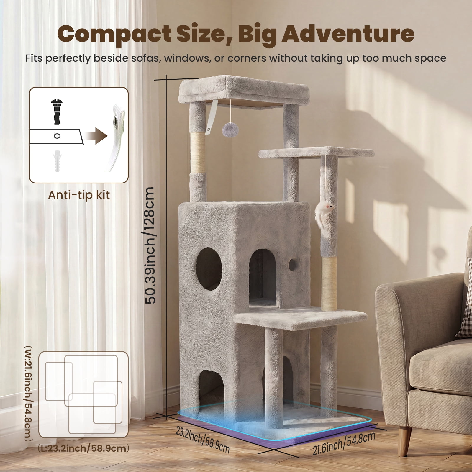 50 in Cat Tree Tower for Large Cats - Tall Cat Cando with Scratching Posts & Dangling Toys for Indoor Cats, Light Gray, 23.20 x 21.60 x 50.00 in