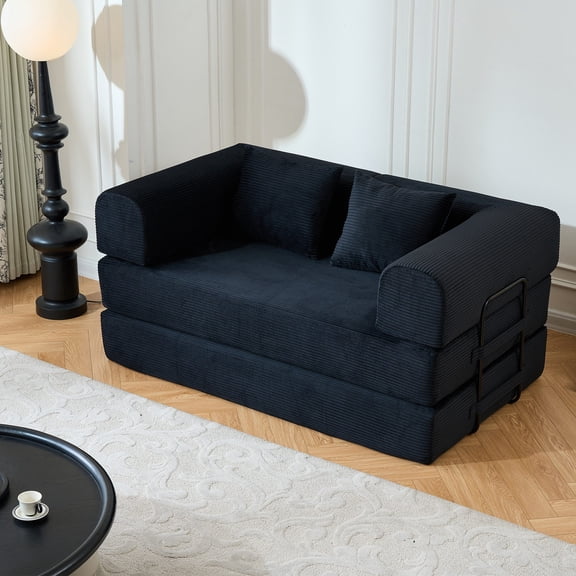 59 Convertible Sleeper Sofa Bed with Cylindrical Pillow, Corduroy Folding Mattress Couch for Living Room Bedroom (Black)