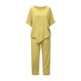 thumbnail image 7 of Bloomae Two Piece Cotton Linen Outfit Sets for Women Lightweight Casual Summer Short Sleeve Irregular Hem Tops Drawstring Elastic Waist Button Ruched Bottom Pants Matching Lounge Set Yellow XXXL, 7 of 7
