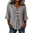 thumbnail image 3 of MuXiKeJi Clothes 3/4 Length Sleeve Womens Tops Cotton Linen Boho Blouses Floral V Neck Shirts Summer Beach Casual Top, 3 of 4