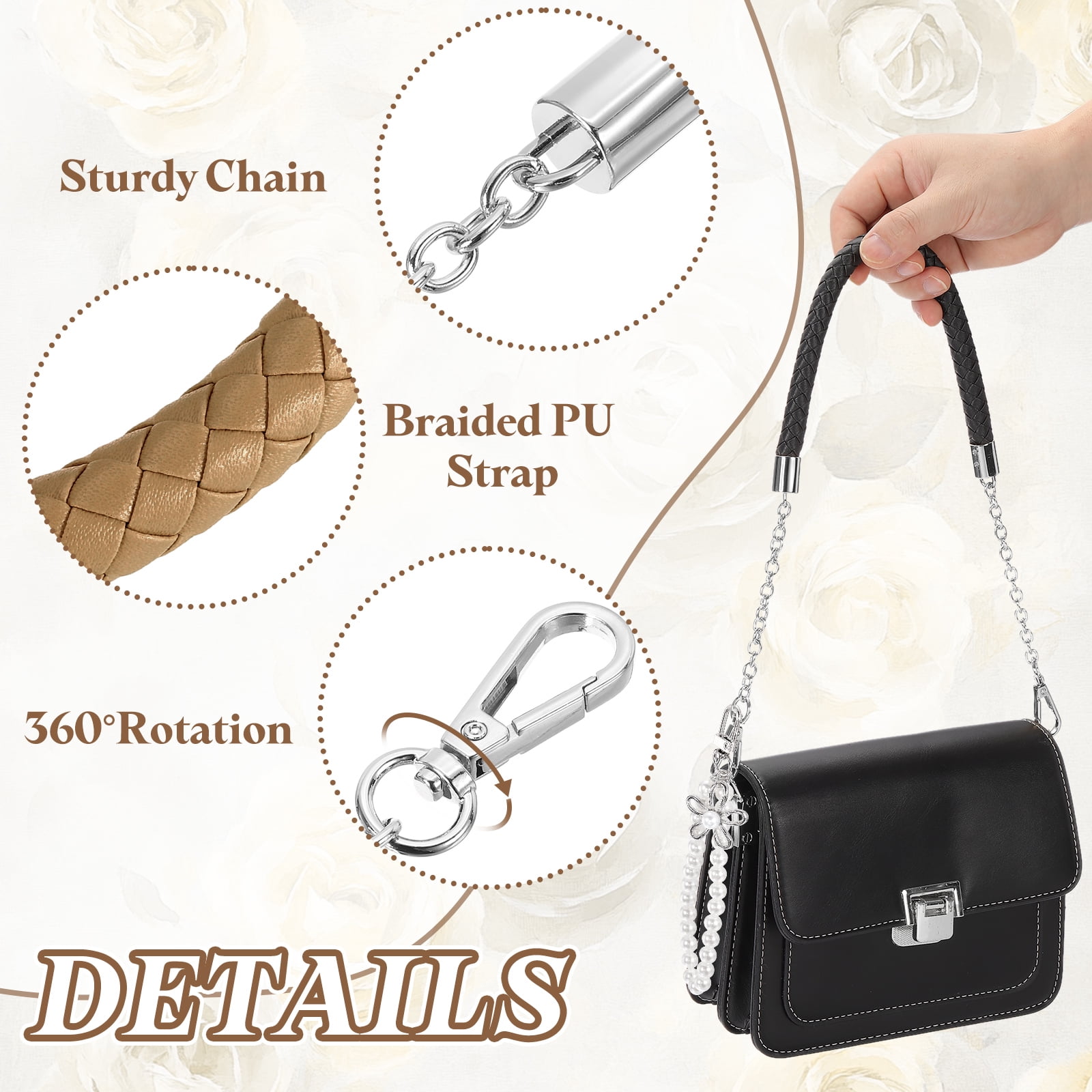 Uxcell 2 Pcs PU Leather Chain Purse Strap, 23.6 Inch Braided Purse Handles Replacement Strap with Pearl Pendant for Tote Bag Handbag Underarm Bag (Dark Khaki, Silver Chain)
