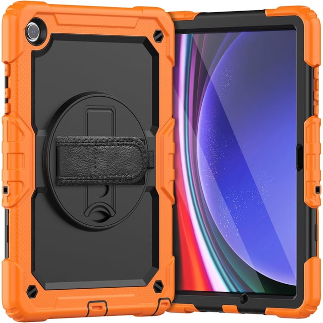 funda para samsung galaxy tab a9 plus 11'' 2023 (sm-x210/x216/x218) Resistente naranja con panel trasero negro, vista 3/4: carcasa PC con borde TPU acolchado, recortes precisos para cámara, altavoz y carga, soporte giratorio 360° circular con correa de mano, correa de hombro desmontable y ajustable, textura antideslizante en laterales; adecuada para uso en viaje o actividades al aire libre.