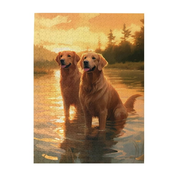 Golden Retrievers Water Sunset 500-Piece Wooden Jigsaw Puzzle for Adults, Fun & Challenging Family Game, Stylish Wall Decor & Holiday Gift