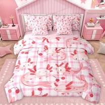 Manfei Kawaii Pink Axolotl Twin Bedding Sets 7-Piece for Girl, Cartoon Pink Cherry Bedding Comforter Set, Chic Buffalo Plaid Reversible Sheet Sets, Ultra Soft Bedroom Decor