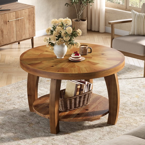 Finmind Solid Wood Round Coffee Table, 2-Tier Center Table with Storage, 31.5-inch Living Room Table with Mosaic Pattern, Easy Assembly, Brown