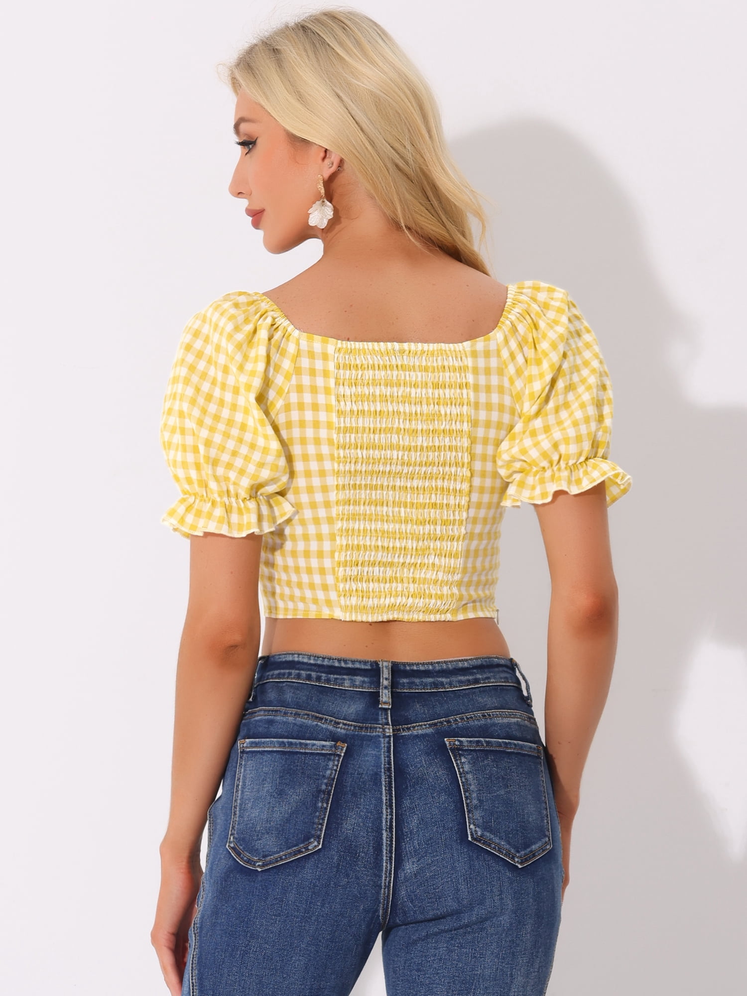 DARING DIVA Women's Smocked Crop Gingham Blouse Top XS Yellow