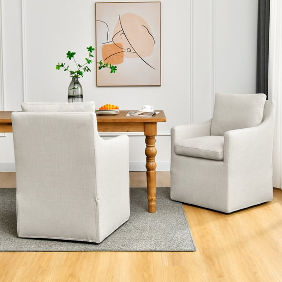 Contemporary Linen Upholstered Armchair with Soft Cushion and Casters for Living Room,Home Office,or Reading Nook,Set of 2