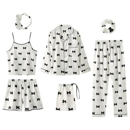 

Sleepwear for Womens Sexy Silk Pajamas Set Satin Cami Pjs Set 7pcs Loungewear Camisole Nightwear Nightgown V-Neck Full Slip Pj Set