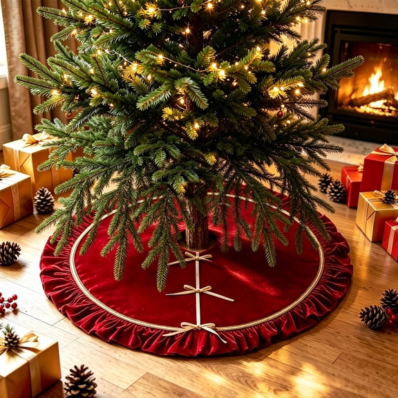 Djiypn 47.25 Inches Ruffled Velvet Christmas Tree Skirt Red with Bow, Large Luxury Xmas Tree Skirt Mat for Christmas & New Year Holiday Home Party Decorations - 120cm