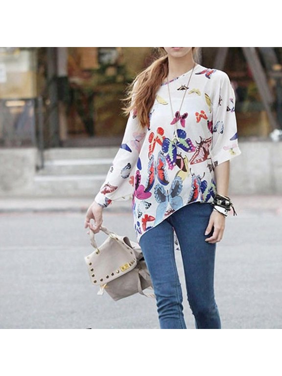 Womens Butterfly Print Loose Chiffon Breezy Top