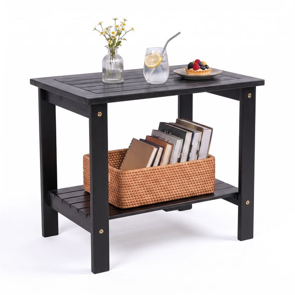 Gymax Outdoor Eucalyptus Wood Side Table 2-Tier Patio End Table w/Slatted Tabletop Black