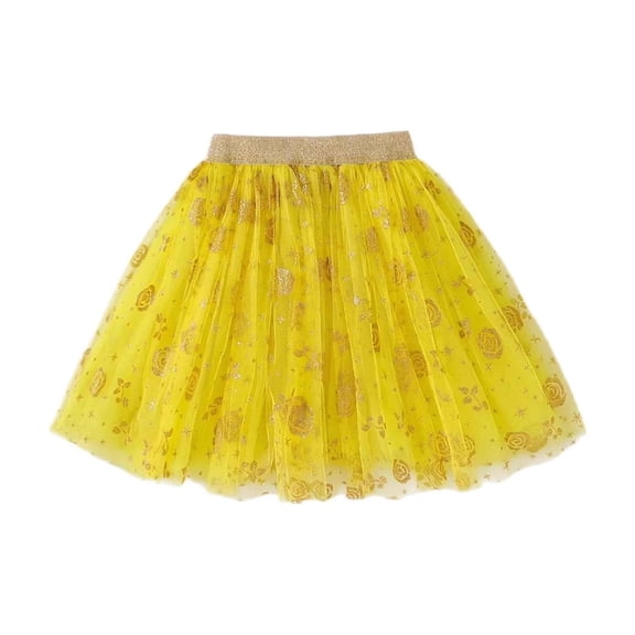 WAYUTE Girls Star Sequin Tutu Skirts Glitter Elastic Waist Tiered Tulle Princess Party Performance Skirt Casual Daily,Yellow,3-8 Y