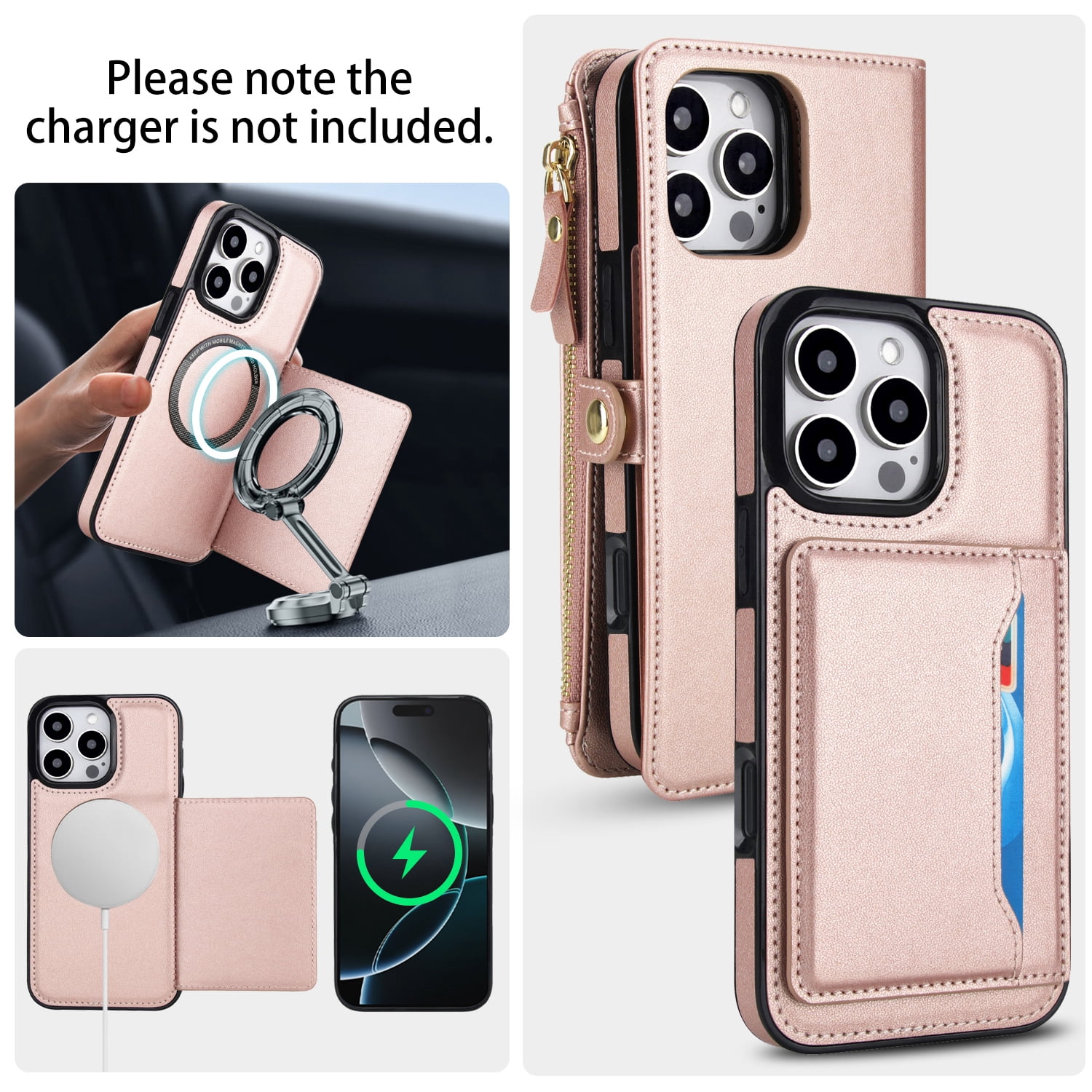 Dteck Crossbody Wallet for iPhone 15 Pro with Detachable Magnetic Phone Case, Compatible with MagSafe, RFID Blocking PU Leather Flip Cover Wrist Strap Zipper Card Holder Slots,Rosegold