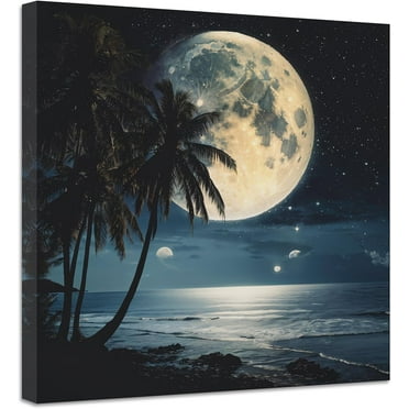 ZHONGYUTONG Full Moon Painting Canvas Wall Art Moon in Night Picture Nature Palm Trees Prints Modern Artwork Home Decor Framed (18.00" x 18.00")