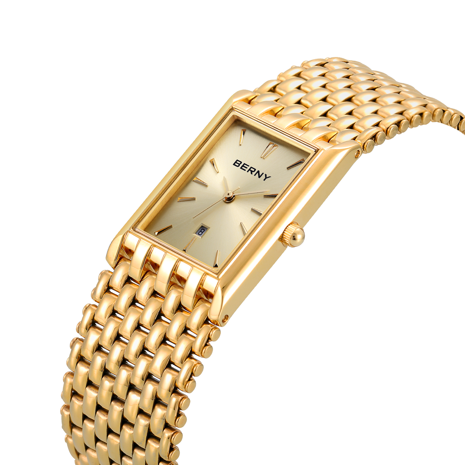 BERNY Men's Gold Rectangular Watch, Stainless Steel Band Quartz Wristwatch, Date Display, 3ATM Water Resistant, Folding Buckle, Classic Business Dress Watch for Men (Gold)