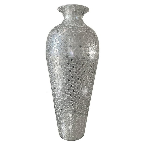 DecorShore - Large Decorative Metal Floor Vase with Glass Mosaic in Silver for Home Decor