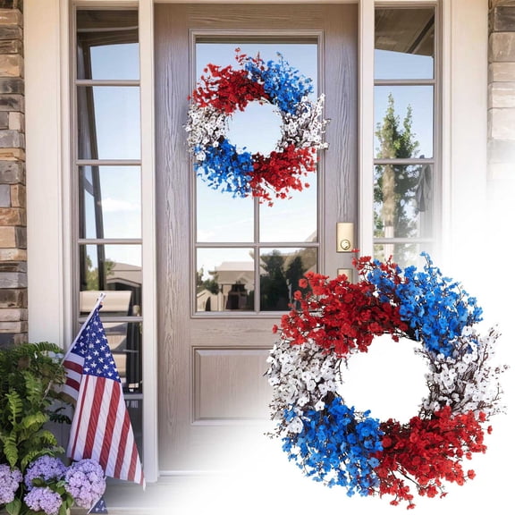 Clearance! Boovnll Patriotic Wreath, 18" Handcrafted Red White Blue Memorial Day Wreath, 4th of July Wreath for Indoor, Outdoor, Front Door, Fireplace, Wall Decor, 4th of July Decorations