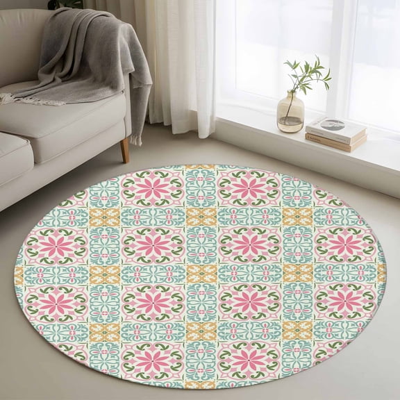 Pink Green Flowers Round Area Rug 4Ft Washable Circle Rugs for Bedroom Dining Room, Country Botanical Abstract Floral Patterned Non-Slip Carpet Floor Mats Indoor Outdoor Carpet Runner Home Decor