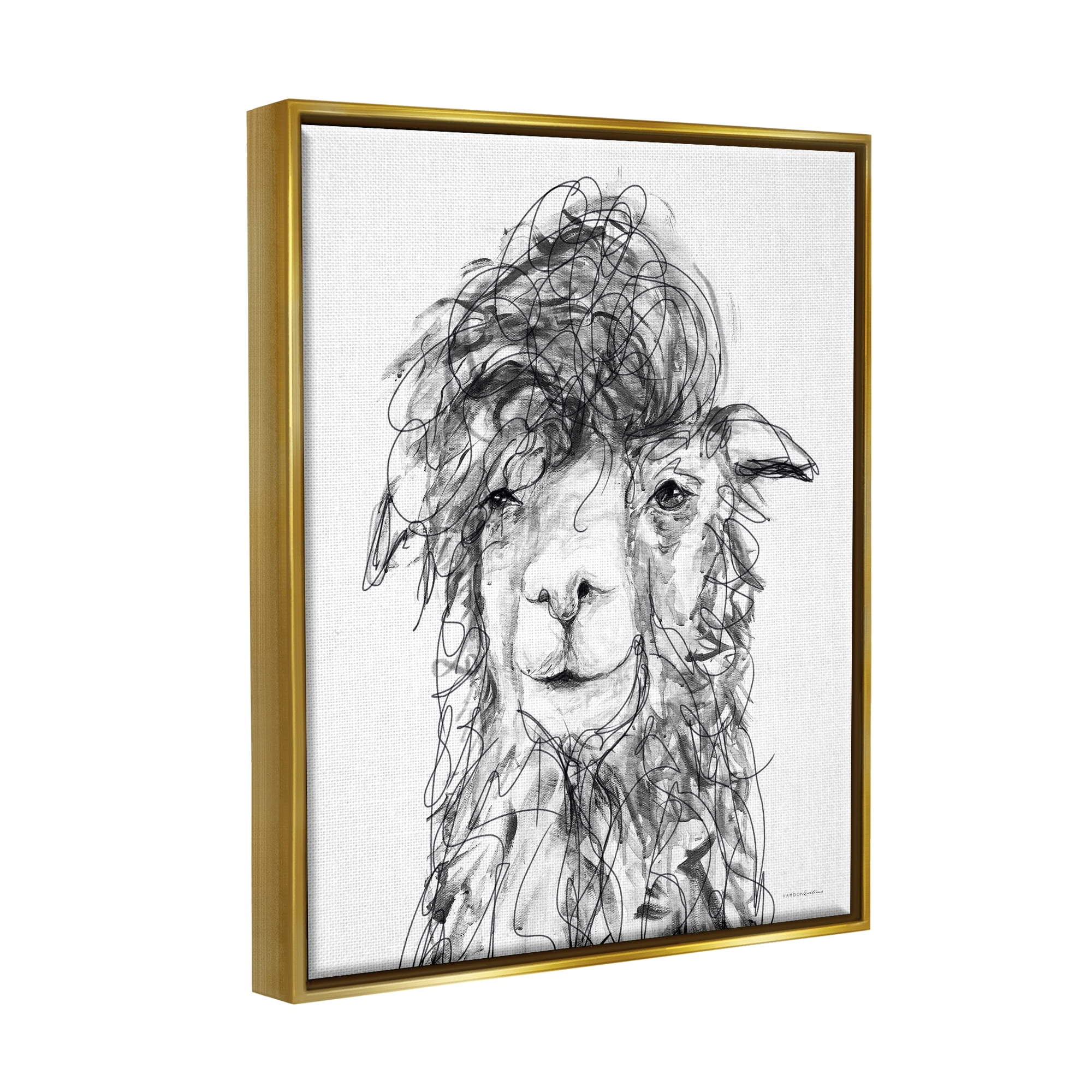 Stupell Industries Fluffy Hair Alpaca Llama Smiling Scribble Lines Drawing Print Metallic Gold Floating Framed Canvas Print Wall Art, Design by Kamdon Kreations