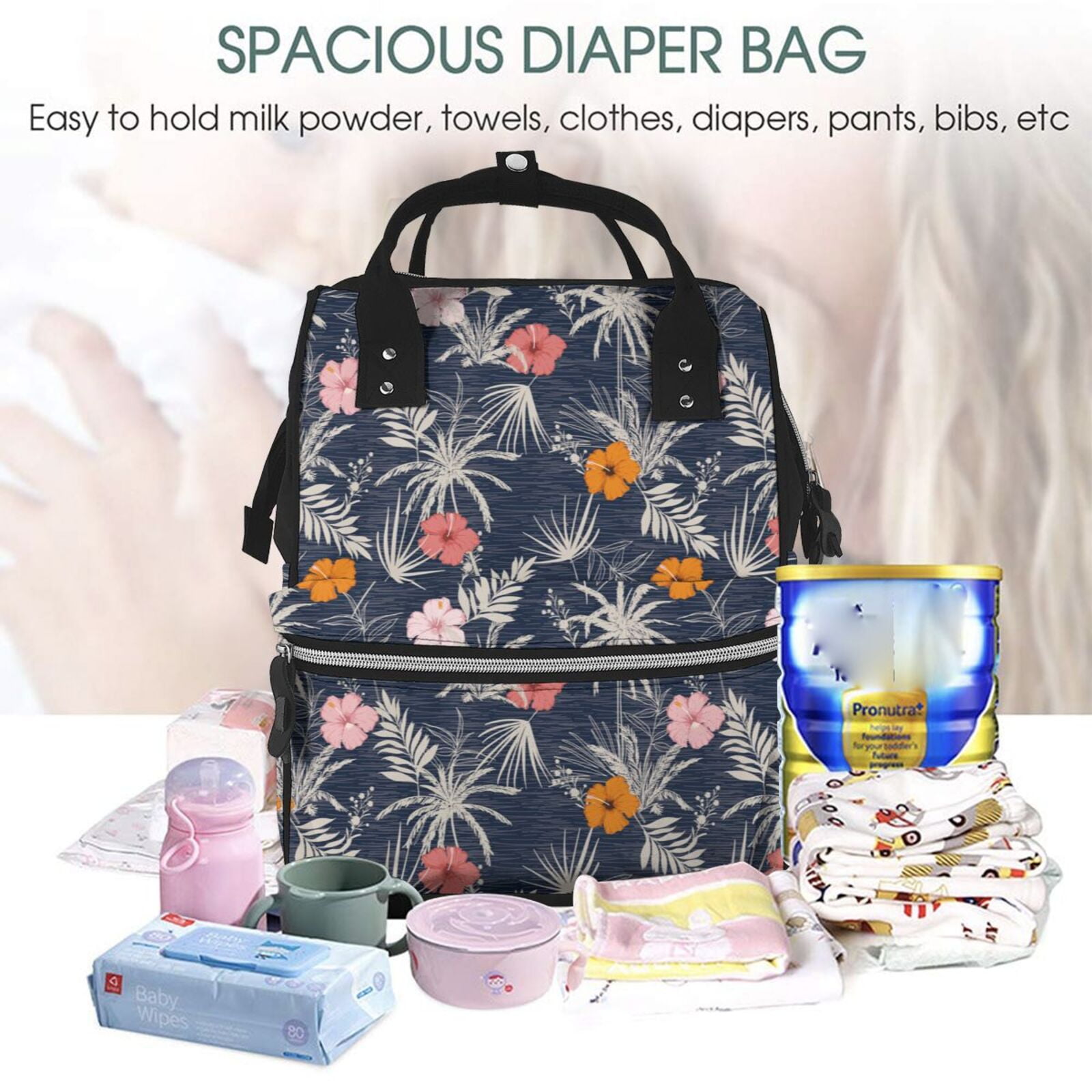 Ratiio Hawaiian Style Mummy Backpack - Waterproof Twill Canvas, Large Capacity Diaper Bag with Multiple Pockets and Adjustable Straps