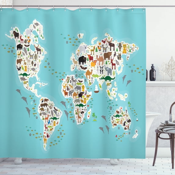 Wildlife Shower Curtain, Graphic World Map Continents Islands Ocean Showing Local Animal Species Concept, Fabric Bathroom Set with Hooks, 69W X 84L Inches Extra Long, Multicolor, by Ambesonne