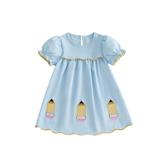 BemeyourBBs Toddler Baby Girls Back to School Dress Kindergarten Outfits Baby Girl First Day of School Outfit Dress Puff Short Sleeve Crew Neck Plaid Embroidery Pencil Summer A-line Dress