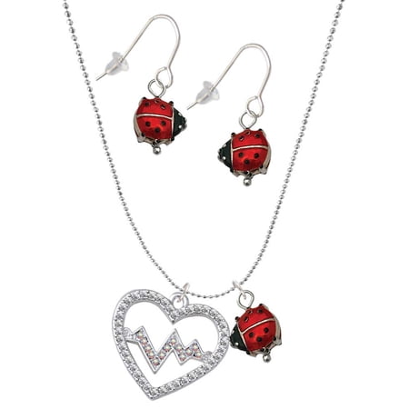 Delight Jewelry Silvertone Large Clear Crystal Heart with AB Crystal Heartbeat Red Lucky Ladybug Necklace and Dangle Earrings Set