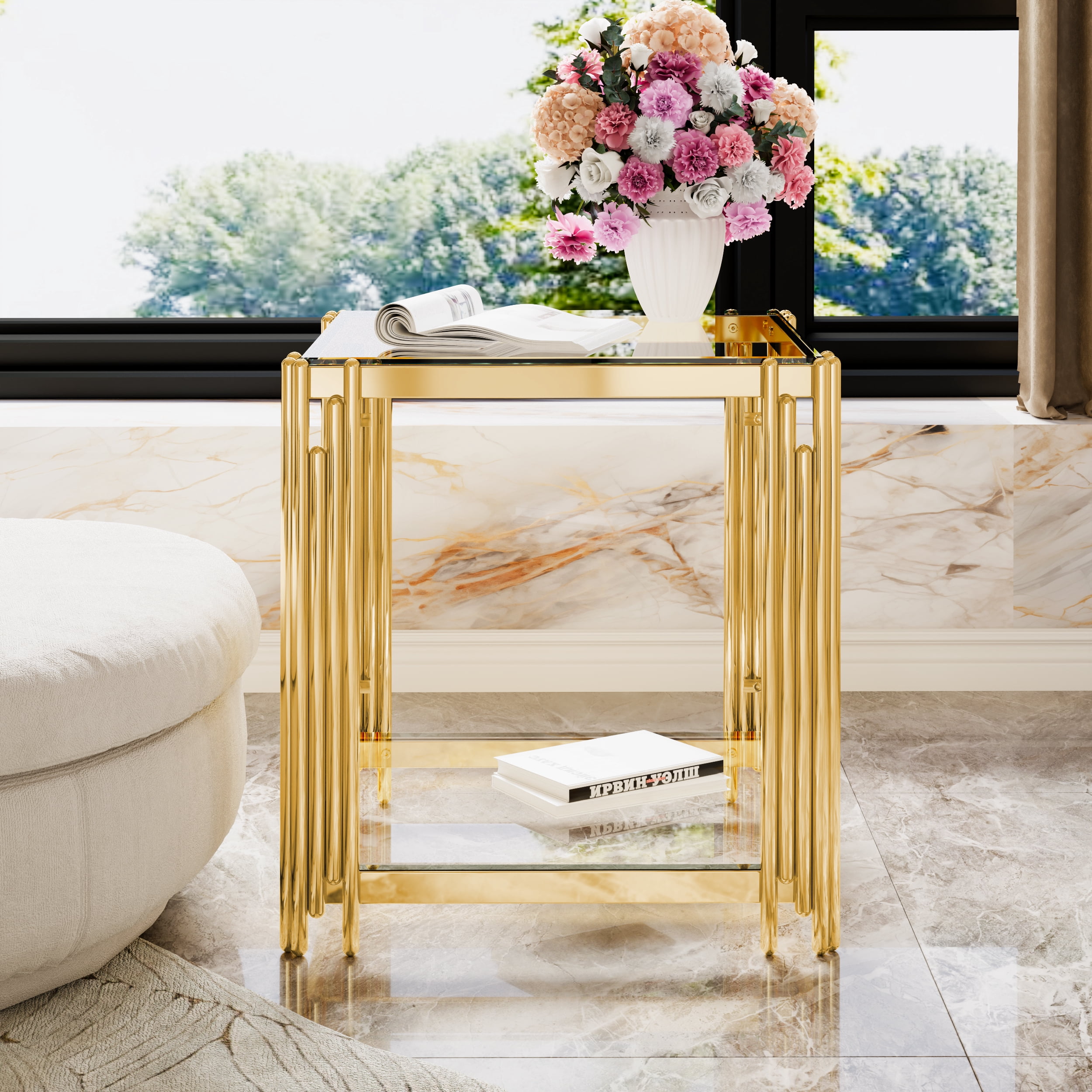 Euroco Modern Transparent Glass End Table for Living Room, Square,Asymmetrical Metal, Gold Finish & Lower Shelf, 19.9"