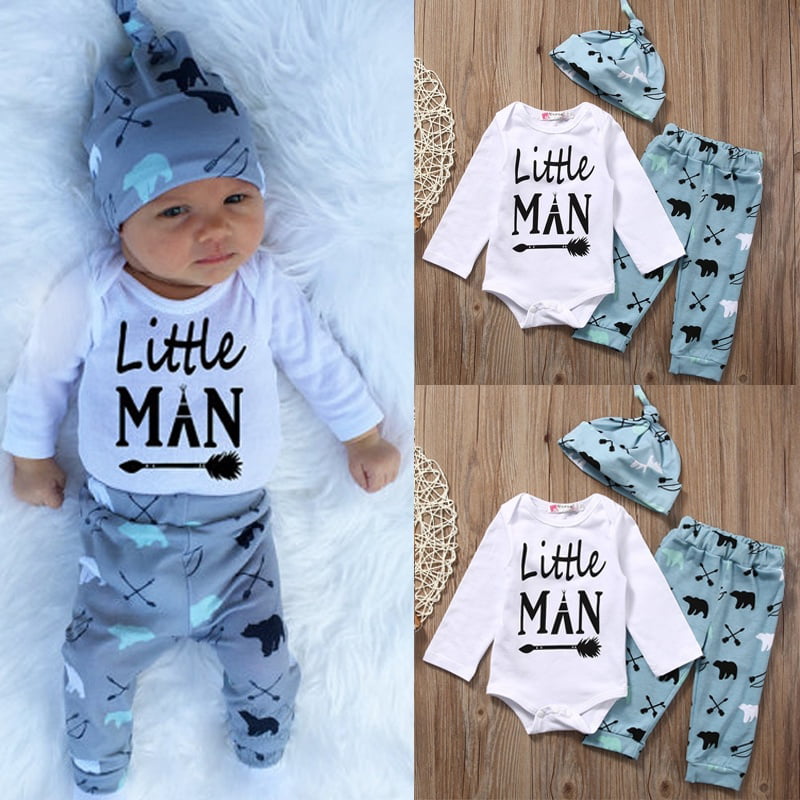 3Pcs Outfit Clothes Infant Newborn Baby Girl Boy Shirt Tops+Pants Trousers+Hat 