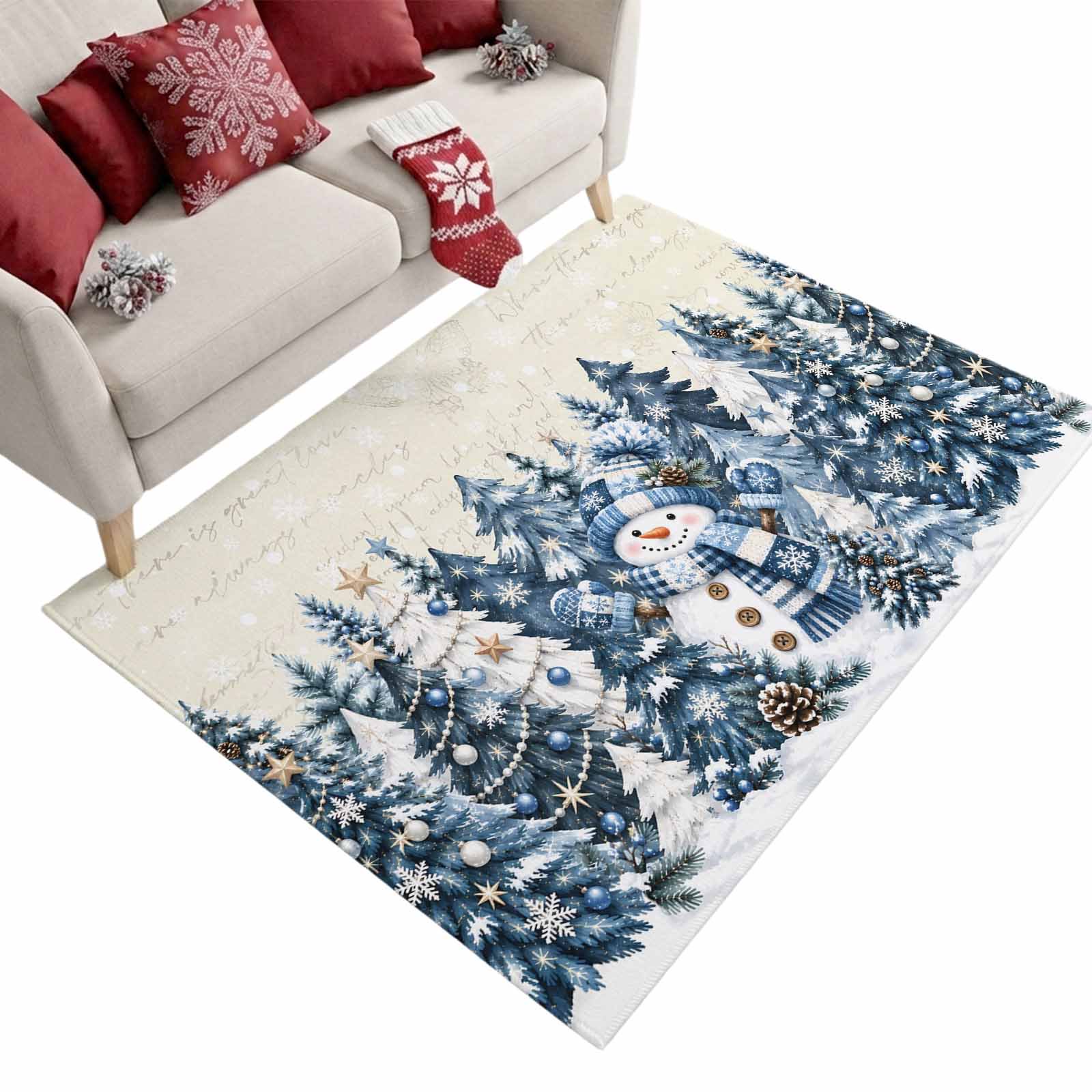 Rectangle Rug 4x6ft Area Rug Happy Winter Snowman Area Rugs for Living Room Bedroom White Blue Christmas Trees Floor Mat Non-Slip Non-Shedding Carpet Indoor Accent Rugs