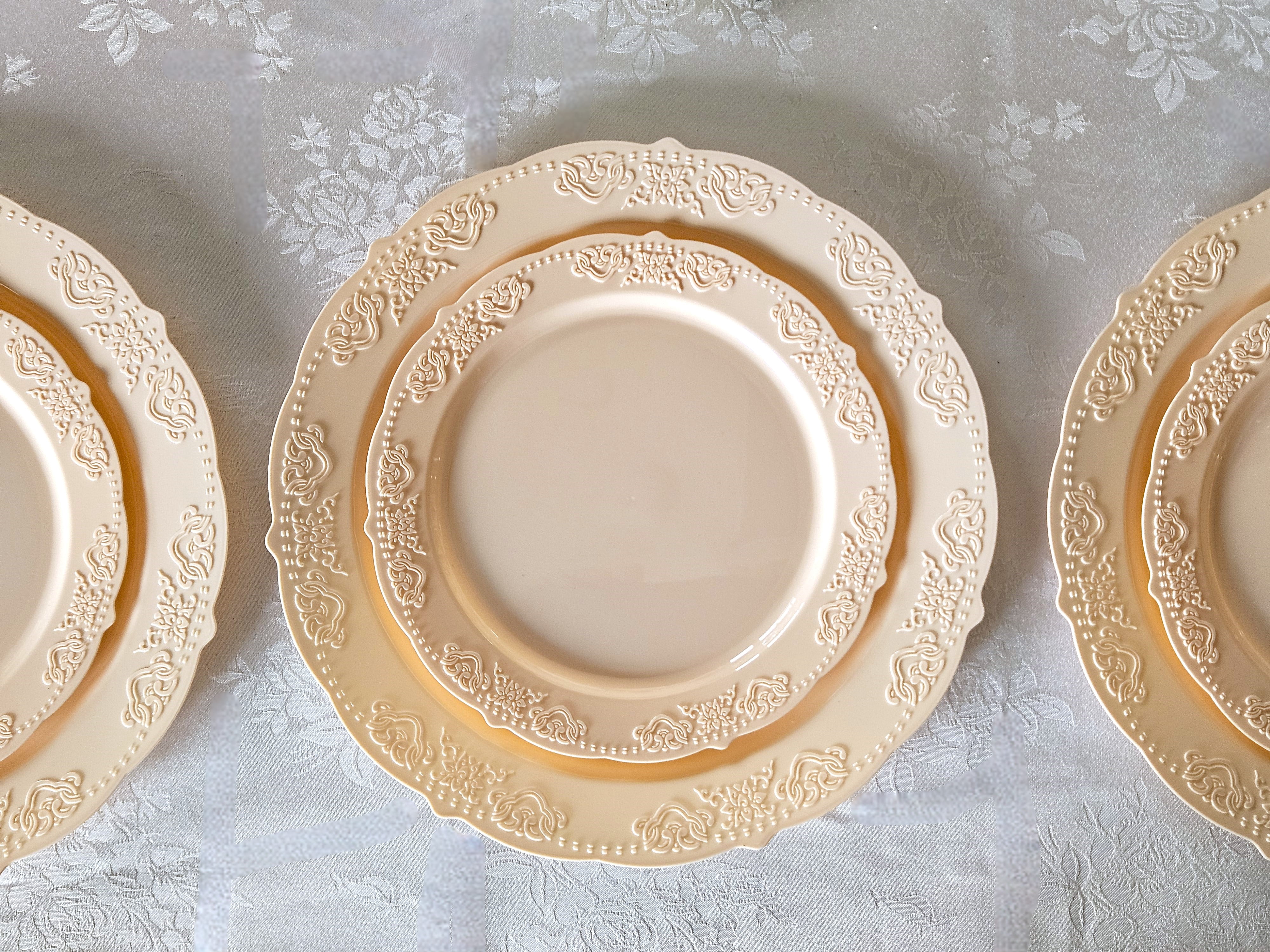 " OCCASIONS " 100 Plates Pack,(50 Guests) Vintage Wedding Party Disposable Plastic Plates Set -50x10.25'' Dinner + 50x7.5'' Salad/Dessert Plate (Portofino Blush / Antique Rose)