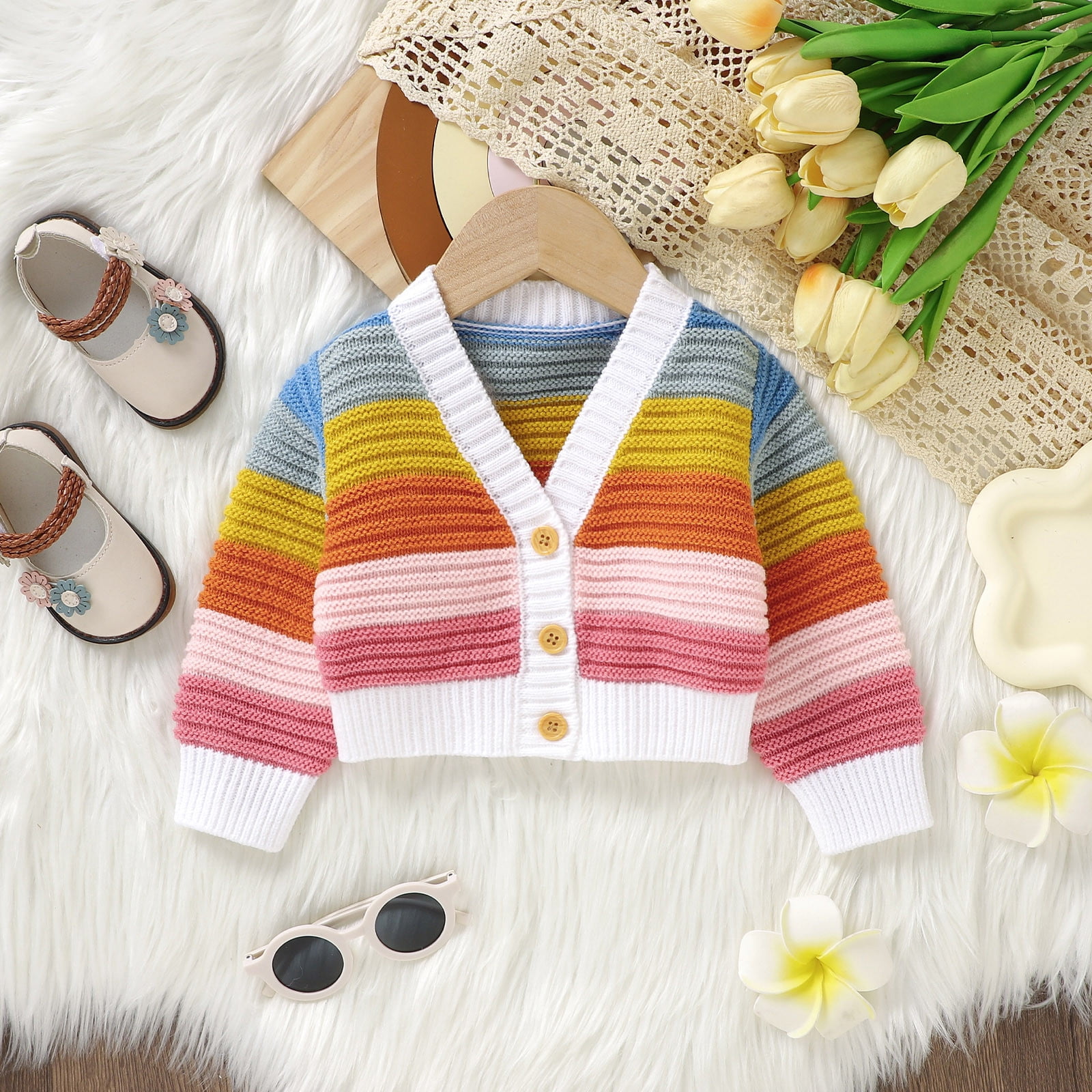 Girls Sweaters Kids Long Sleeve Rainbow Warm Cotton Knit