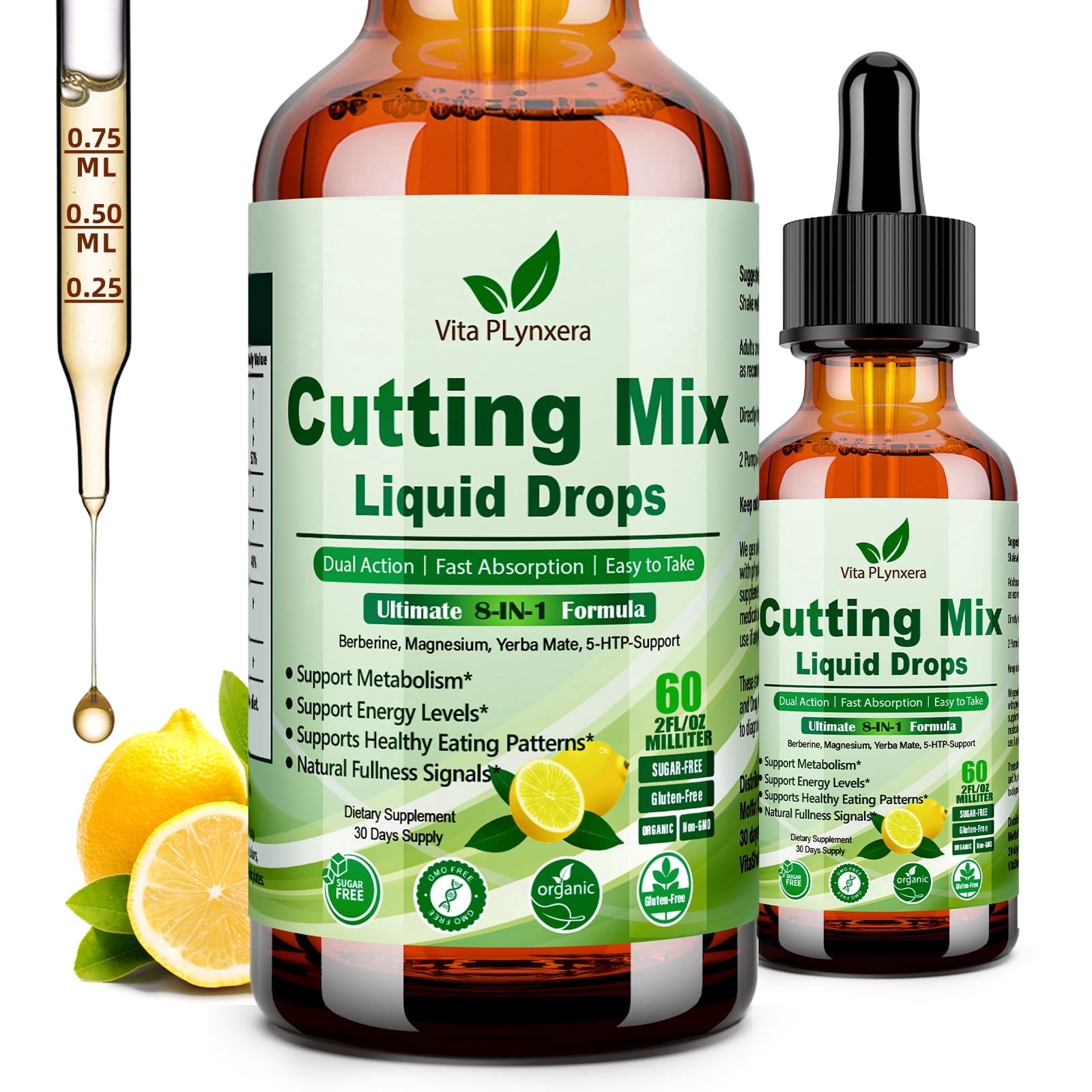 VitaPlynxera Cutting Mix Liquid Drops, 8-in-1 Supplement for Adults | Magnesium, Berberine, Yerba Mate, Chromium, FOS & 5-HTP, Supports Energy, Satiety & Gut Health, 30 Servings