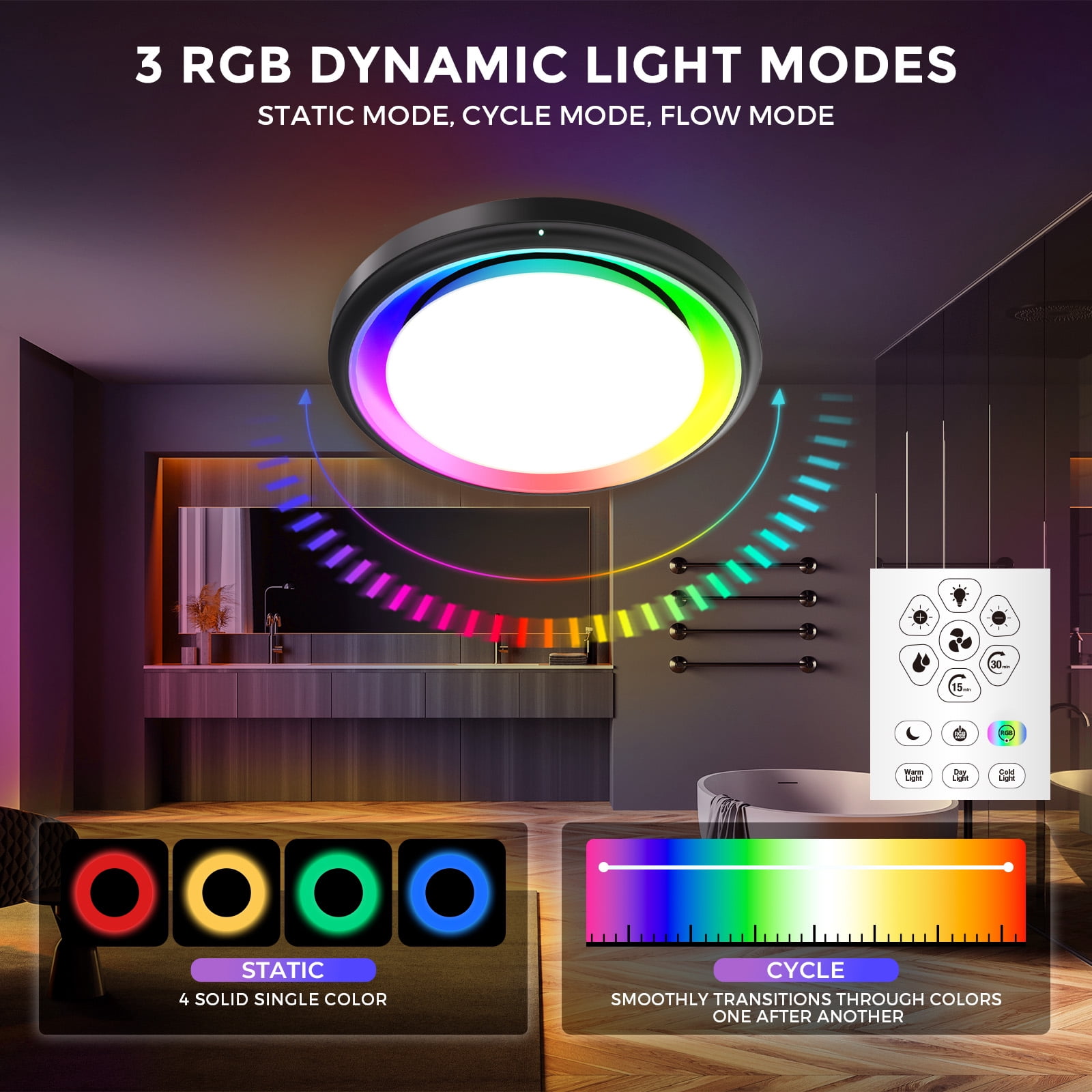 Akicon Bathroom Exhaust Fan with Humidity Sensor, 110 CFM 1.5 Sones Vent Fan with RGB Light, 3CCT Dimmable LED Light & Nightlight for Shower Room, Round, Black