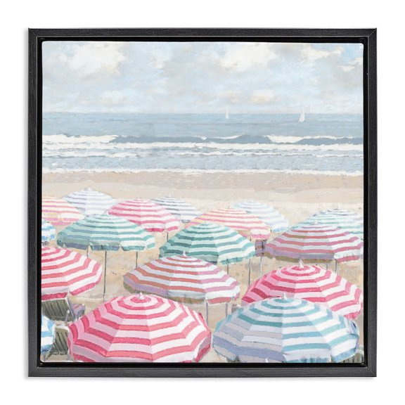 Stupell Industries Bright Beach Umbrellas Scene Landscape & Nature Painting Black Floater Framed Canvas Art Print Wall Art, 18 x 18