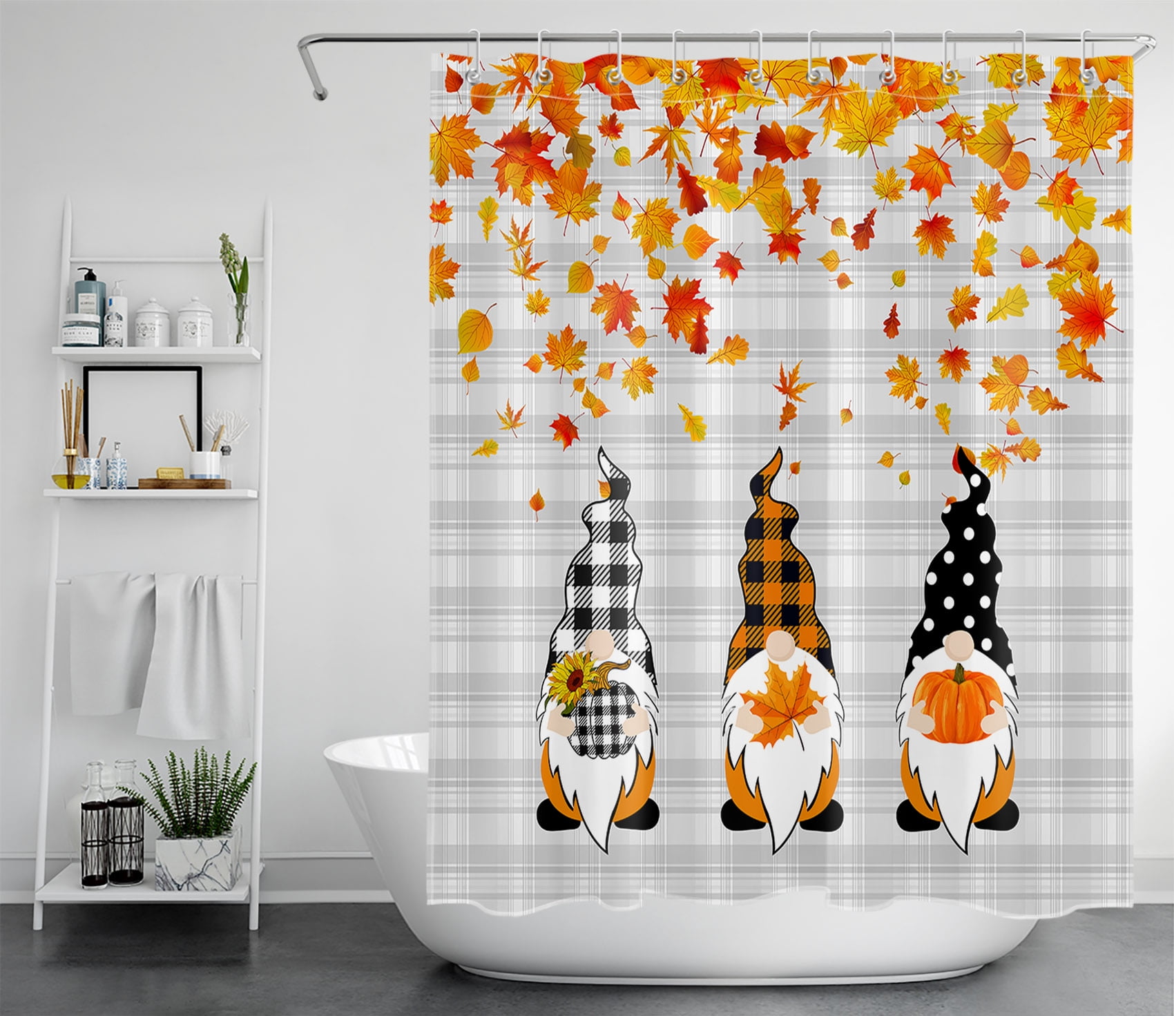 HVEST Fall Gnome Shower Curtain Farmhouse Gnome and Falling Maple Leaves on Grey Buffalo Check Plaid Shower Curtains for Bathroom, Autumn Theme Waterproof Fabric Bath Curtains with Hooks, 60x72 Inch
