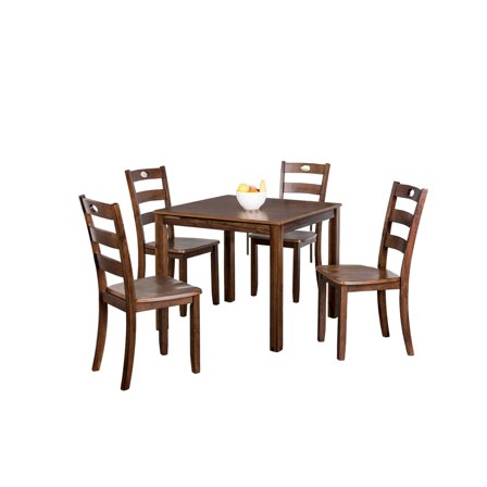 Benjara Lasie 5 Piece Counter Height Table Set, 4 Chairs, Slatted, Brown Solid Wood