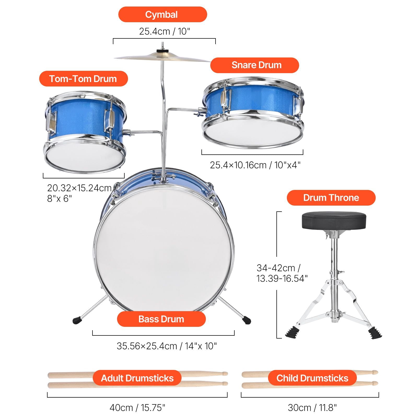 Kids Drum Set, 3-Piece 14 in Junior Drum Sets, Beginner Drums Set with Adjustable Throne, Cymbal & Two Pairs of Drumsticks, Musical Learning Drums Instruments Kit, for Children Ages 6-13 (Blue)