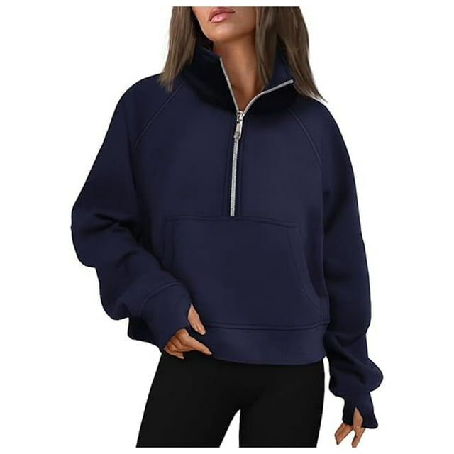 HNMKIU Vêtements pour Femmes Mode Décontractée Demi-Fermeture Éclair Court Col Montant Plus Chandail à Capuchon Uni