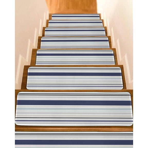 Blue Black Grey Striped Stair Treads for Wooden Steps Indoor Runner Rug Carpet, Farmhouse Stripes 4 Pieces Peel and Stick Staircase Step Treads Covers Washable Throw Door Mats, 30"x8"