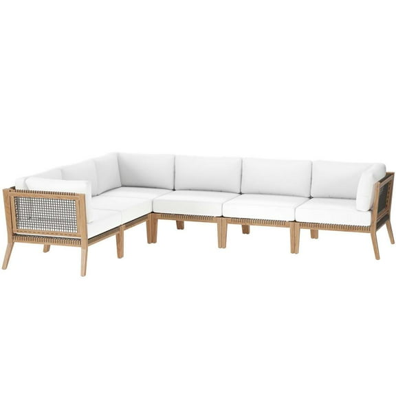 Modway Clearwater Outdoor Patio Teak Wood 6-Piece Sectional Sofa in Gray White