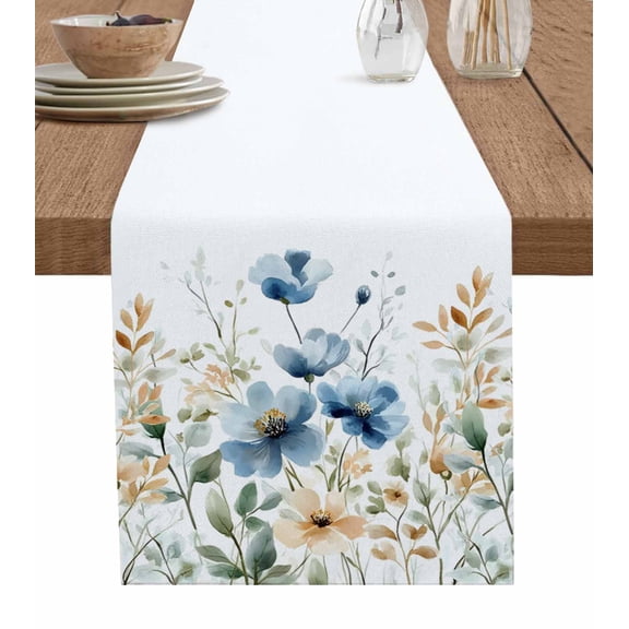 ERUNPONLY Blue Spring Floral Table Runner - 72 Inch Long Watercolor Blooming Summer Botanical Cotton and Linen Blended Dress Scarves Farmhouse Table Runner for Kitchen Dining, Coffee Table, 16"x72"