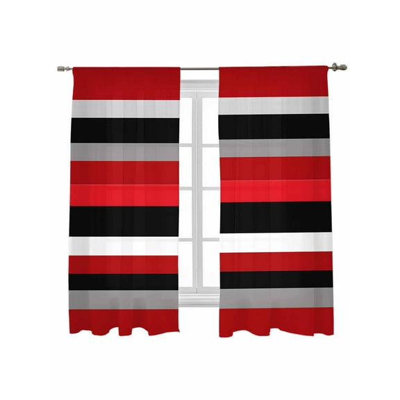 Red Black Sheer Curtains 63 Inch Long 2 Panels, Grey Stripes Abstract Modern Mexican Style Stripes Light Filtering Rod Pocket Semi Sheer Curtains, Sheer Voile Drapes for Living Room Bedroom, 52"x63"