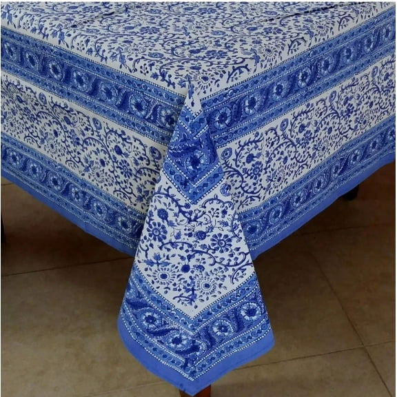 ShreeTextileStore Art Deco Flowers Blue Floral Cotton Tablecloth 90 in x 60 in