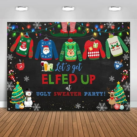 Image of Ugly Sweater Photography Backdrop Ugly Sweater Christmas Party Background Elfed Up Ugly Sweater Party Cake Table Decoration Photo Booth Props (7x5ft)
