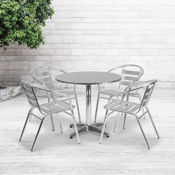 Emma Oliver 31.5" Round Aluminum Table Set with 4 Slat Back Chairs