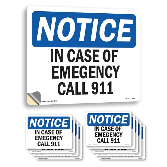 In Case Of Emergency Call 911 OSHA Notice Vinyl Decal Label 14 Inch x 10 Inch - 10 Pack