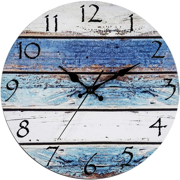 ERDS-Rustic Beach Wall Clock 12" Round, Silent Non Ticking Quartz - Battery Operated, Fiberboard Wooden Look, Vintage Shabby Beachy Ocean Paint Boards Nautical Decorative Clocks