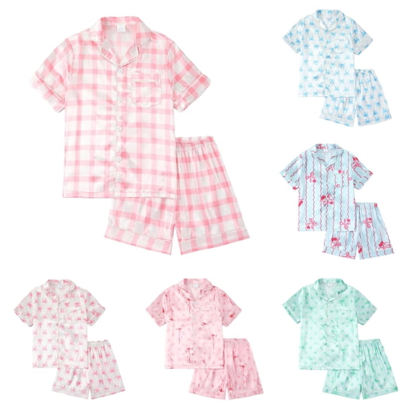 Krdevn Girls Bow Print Satin Pajama Set, Notch Collar Short Sleeve Top & Shorts Button Front Kids Summer Loungewear Sleepwear,Pink2